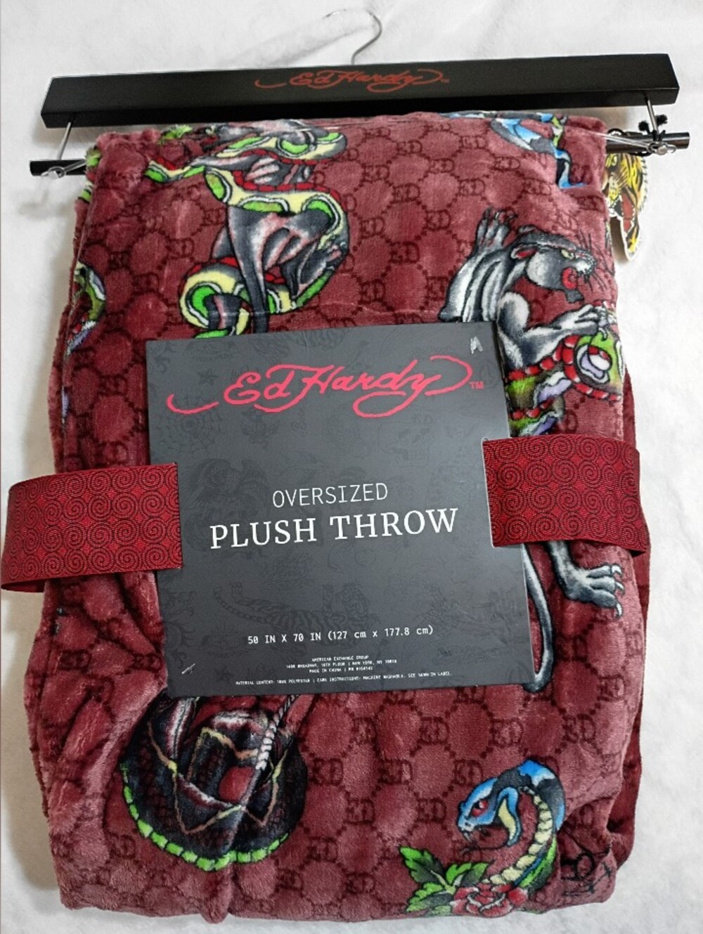 Ed Hardy Burgundy Plush Throw with Multicolor Tattoo Motif